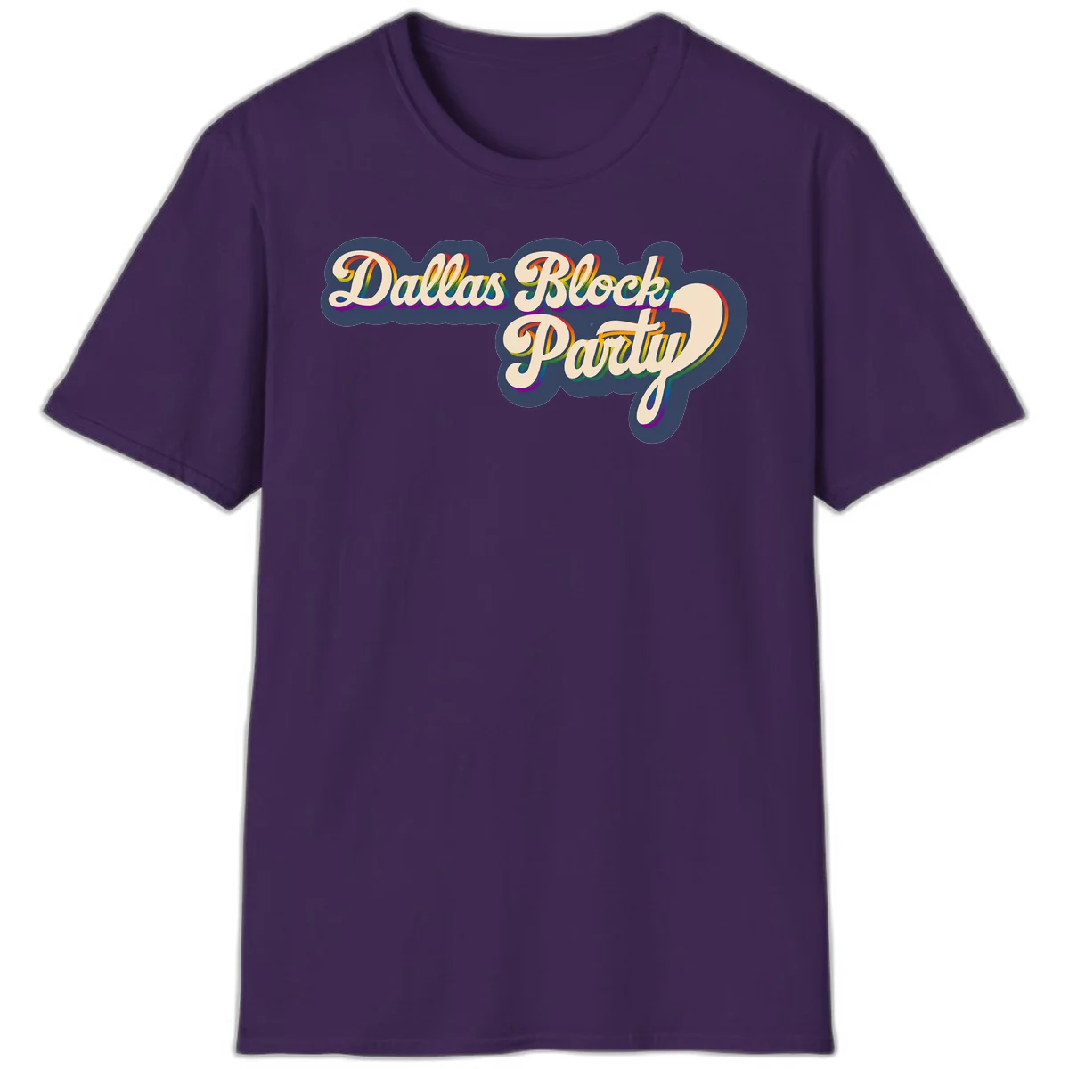 Dallas Block Party design featuring rainbow gradient lettering on navy blue cloud background with scalloped borders in Purple