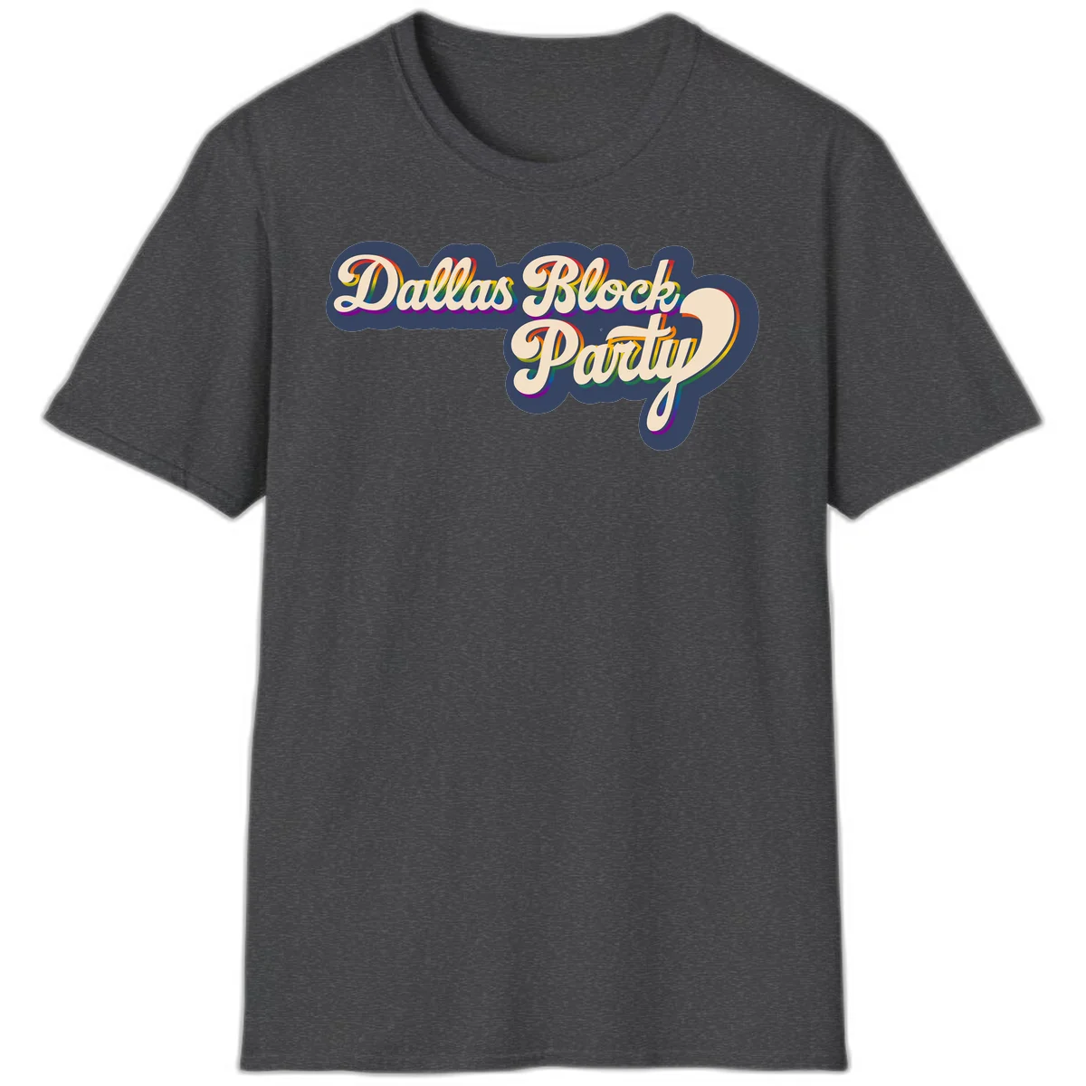 Dallas Block Party design featuring rainbow gradient lettering on navy blue cloud background with scalloped borders in Dark Heather
