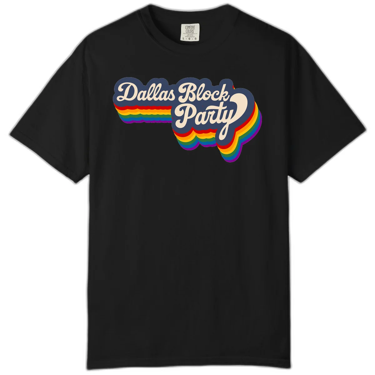 Dallas Block Party design featuring Texas state shape with rainbow pride stripes and vintage script text on navy background in Black
