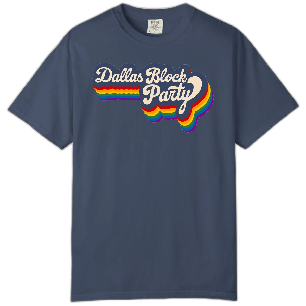 Dallas Block Party design featuring Texas state shape with rainbow pride stripes and vintage script text on navy background in Midnight