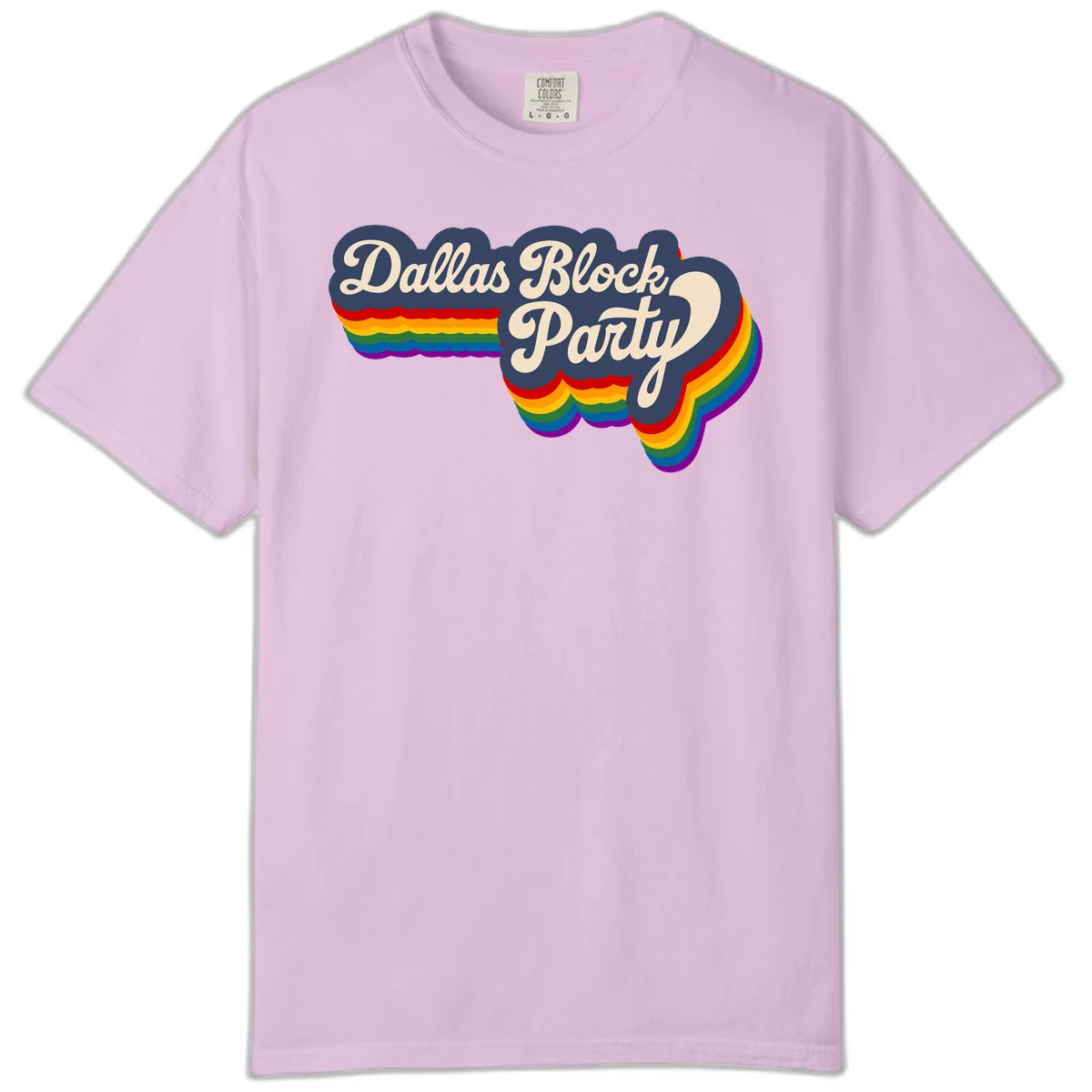 Dallas Block Party design featuring Texas state shape with rainbow pride stripes and vintage script text on navy background in Orchid