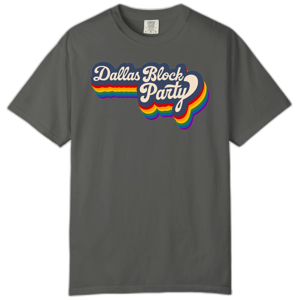 Dallas Block Party design featuring Texas state shape with rainbow pride stripes and vintage script text on navy background in Pepper