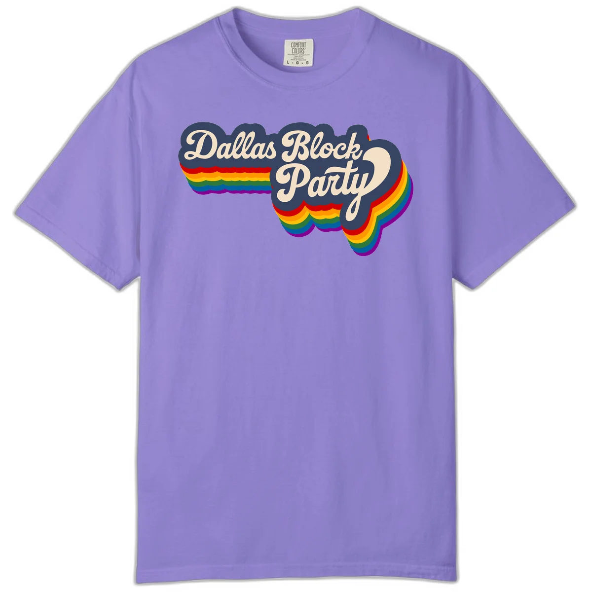 Dallas Block Party design featuring Texas state shape with rainbow pride stripes and vintage script text on navy background in Violet