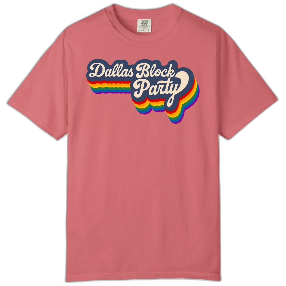 Dallas Block Party design featuring Texas state shape with rainbow pride stripes and vintage script text on navy background in Watermelon