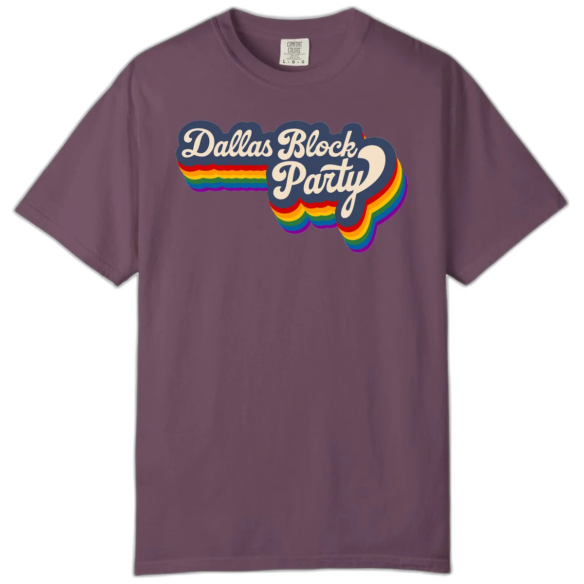 Dallas Block Party design featuring Texas state shape with rainbow pride stripes and vintage script text on navy background in Berry