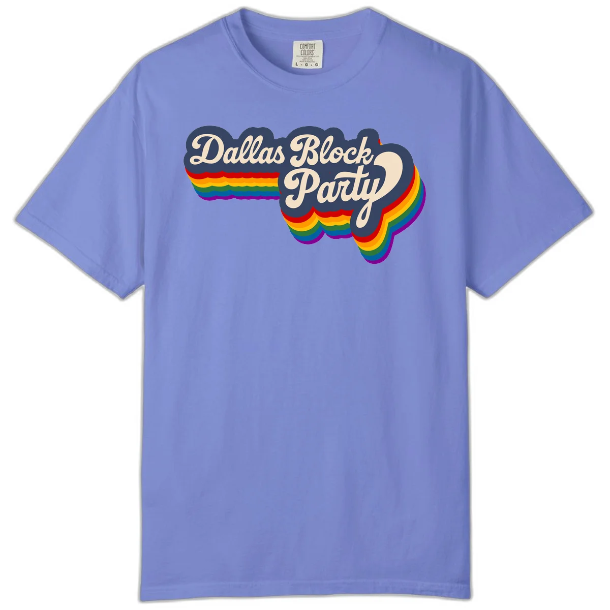 Dallas Block Party design featuring Texas state shape with rainbow pride stripes and vintage script text on navy background in Flo Blue