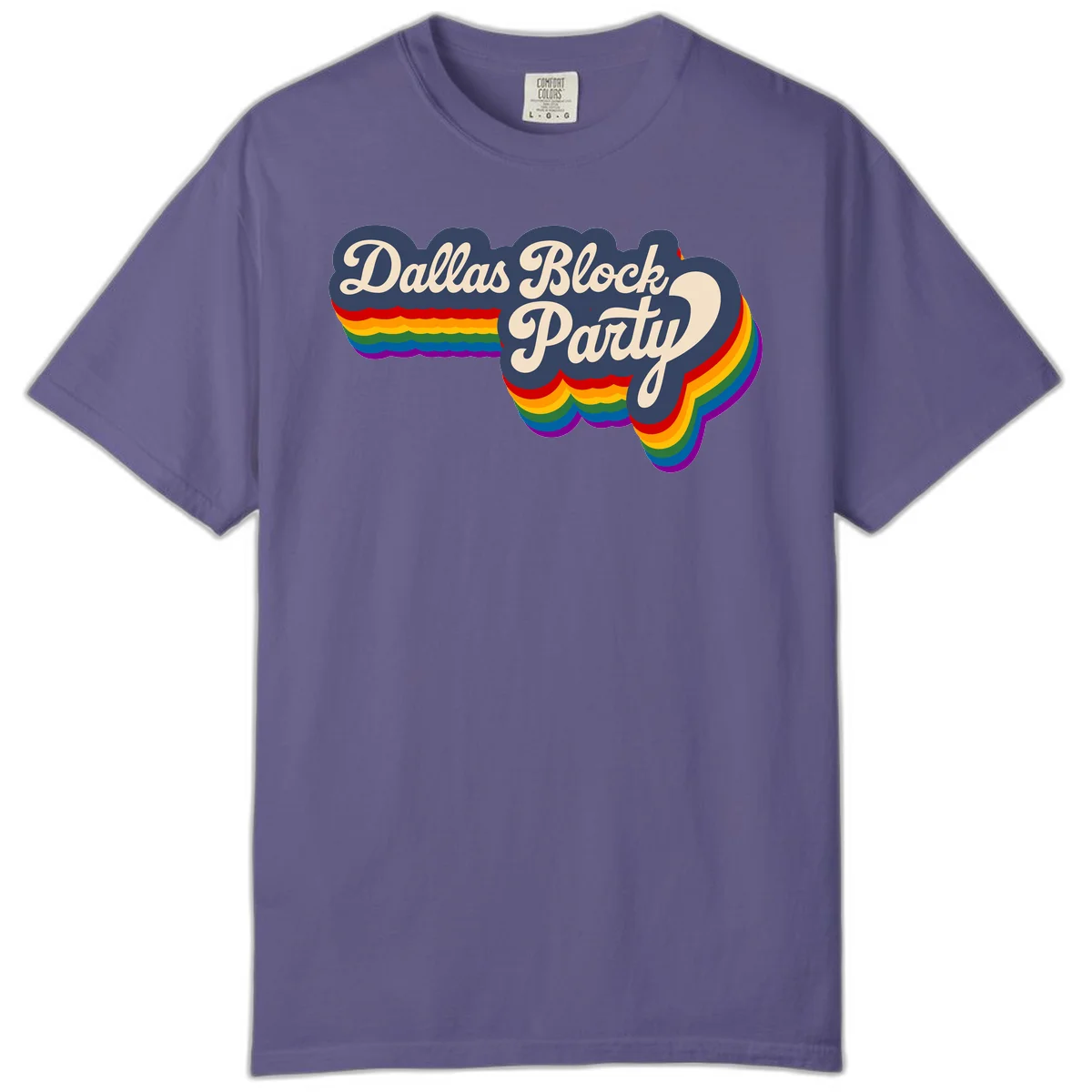 Dallas Block Party design featuring Texas state shape with rainbow pride stripes and vintage script text on navy background in Grape