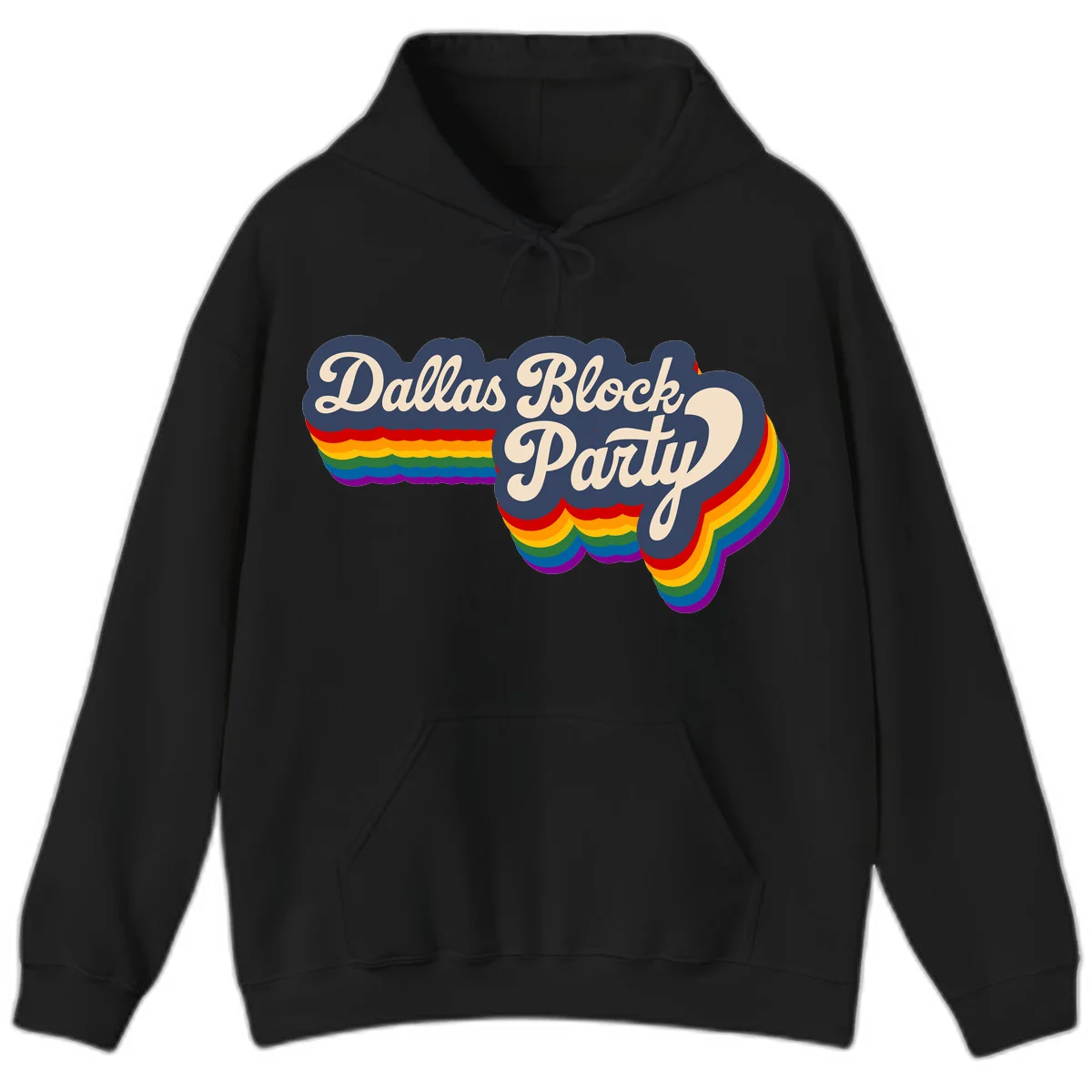 Dallas Block Party design featuring Texas state shape with rainbow pride stripes and vintage script text on navy background in Black