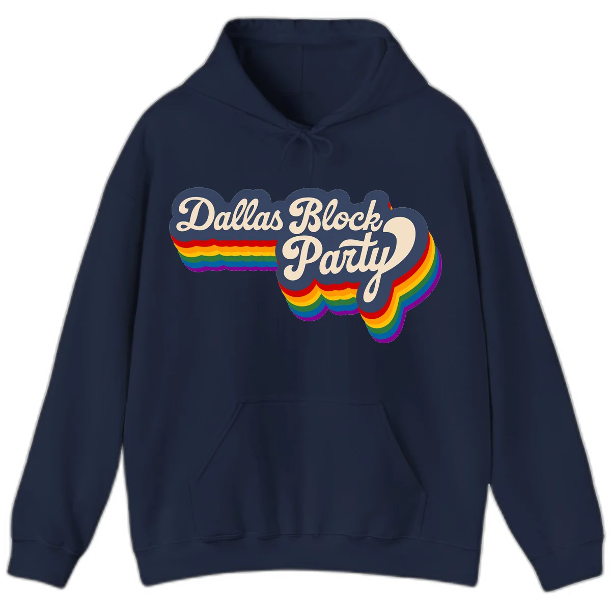 Dallas Block Party design featuring Texas state shape with rainbow pride stripes and vintage script text on navy background in Navy