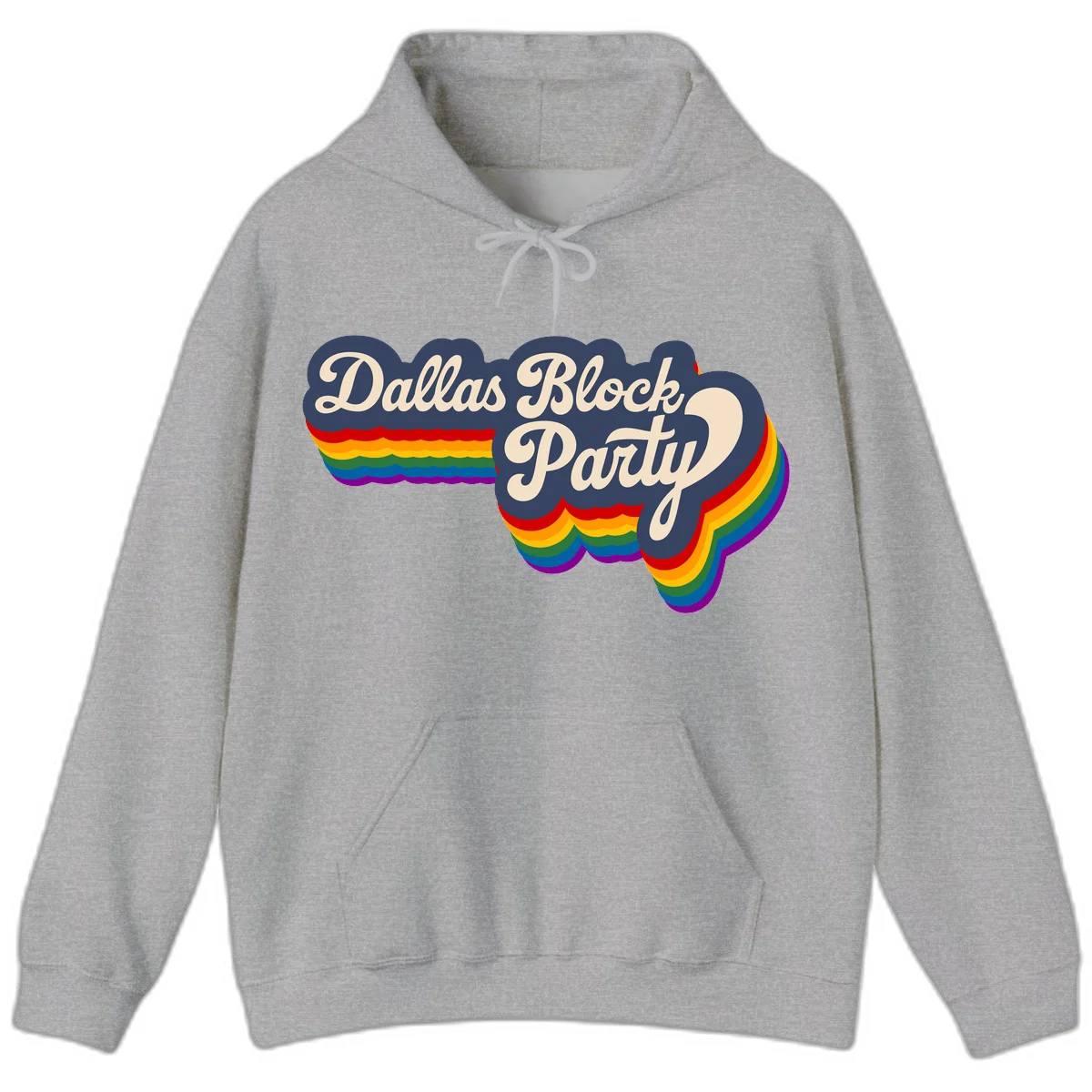 Dallas Block Party design featuring Texas state shape with rainbow pride stripes and vintage script text on navy background in Sport Grey