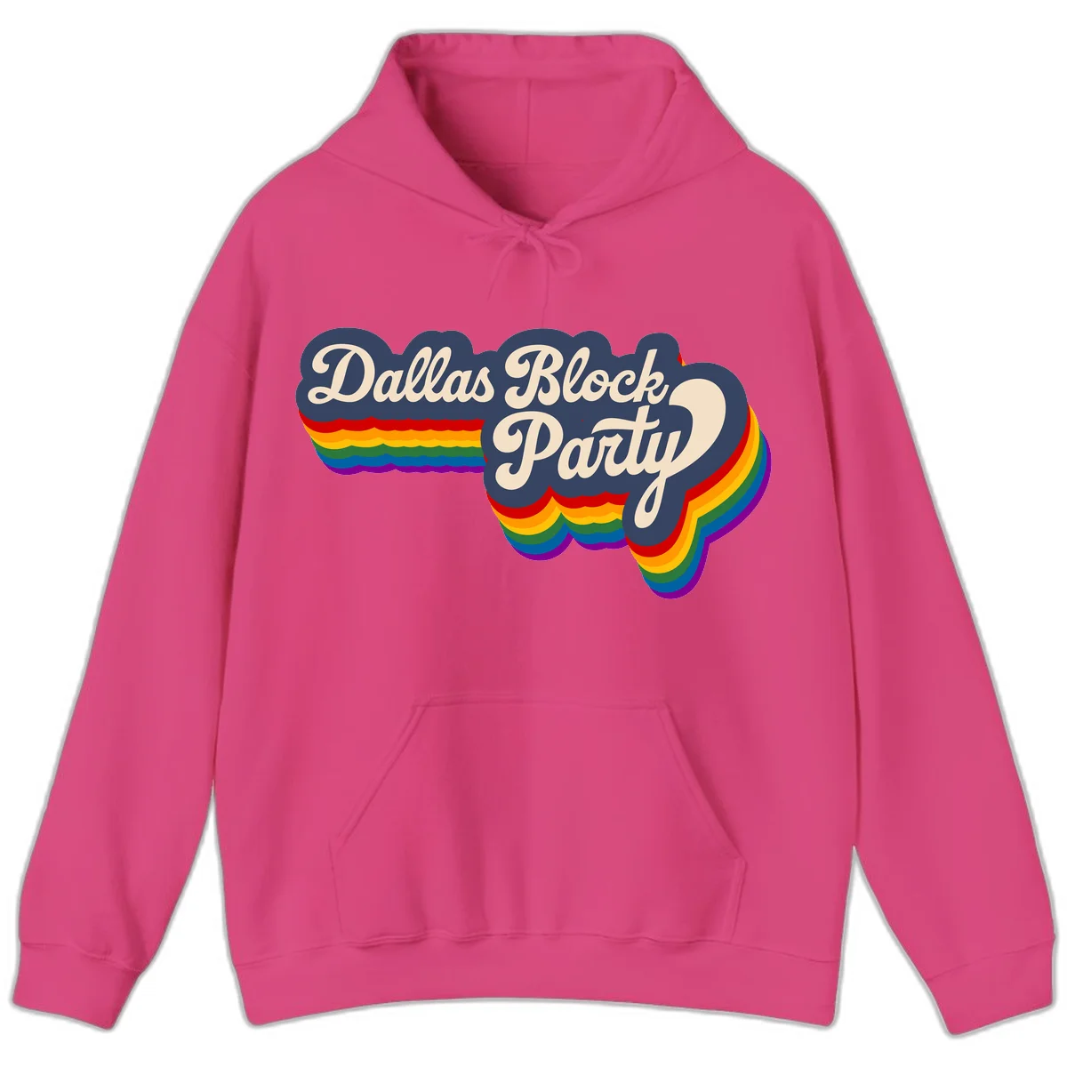 Dallas Block Party design featuring Texas state shape with rainbow pride stripes and vintage script text on navy background in Heliconia