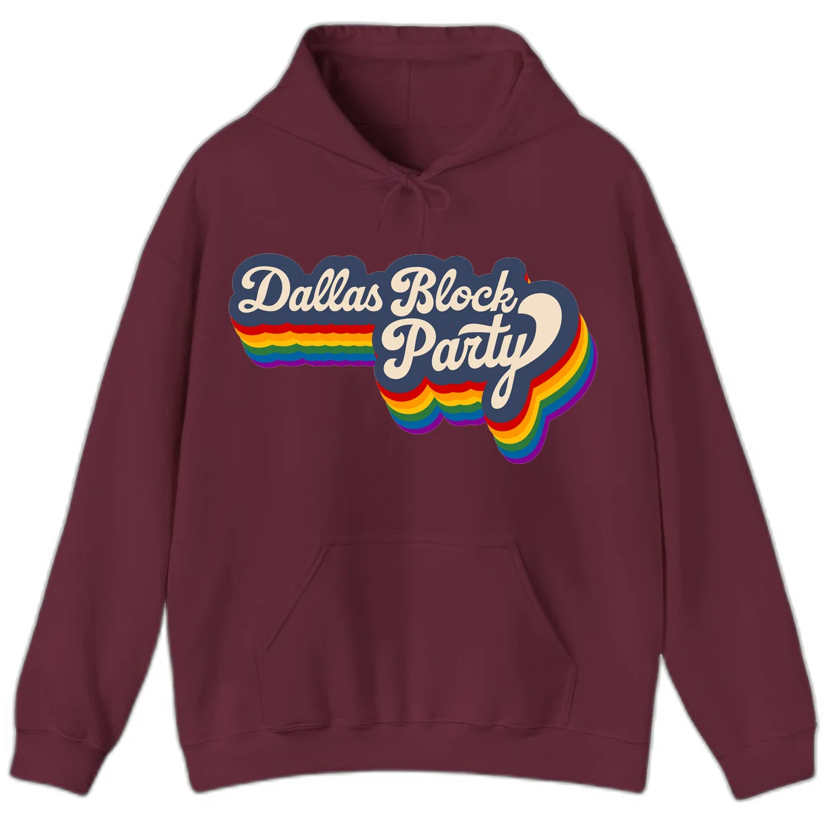 Dallas Block Party design featuring Texas state shape with rainbow pride stripes and vintage script text on navy background in Maroon