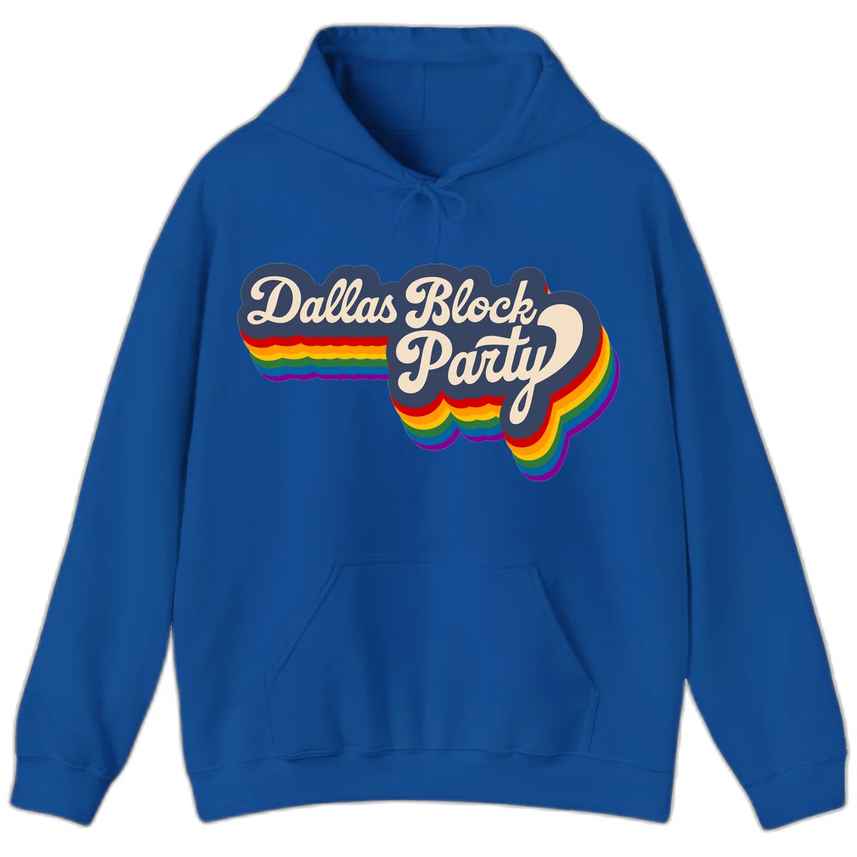 Dallas Block Party design featuring Texas state shape with rainbow pride stripes and vintage script text on navy background in Royal