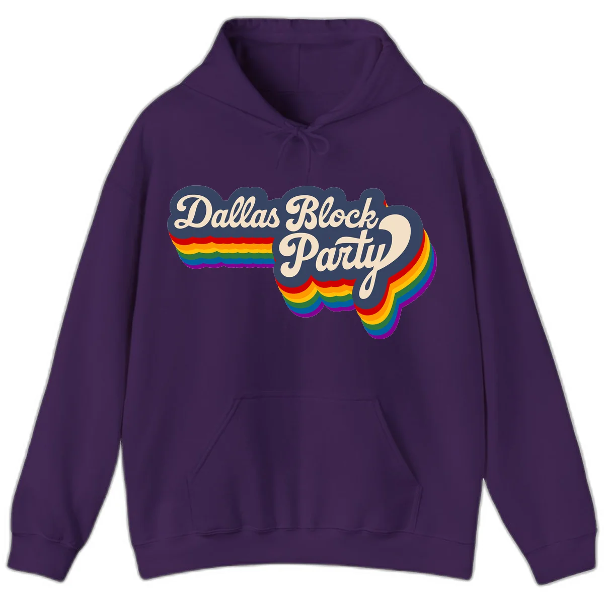 Dallas Block Party design featuring Texas state shape with rainbow pride stripes and vintage script text on navy background in Purple