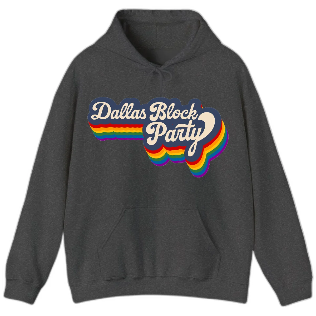 Dallas Block Party design featuring Texas state shape with rainbow pride stripes and vintage script text on navy background in Dark Heather