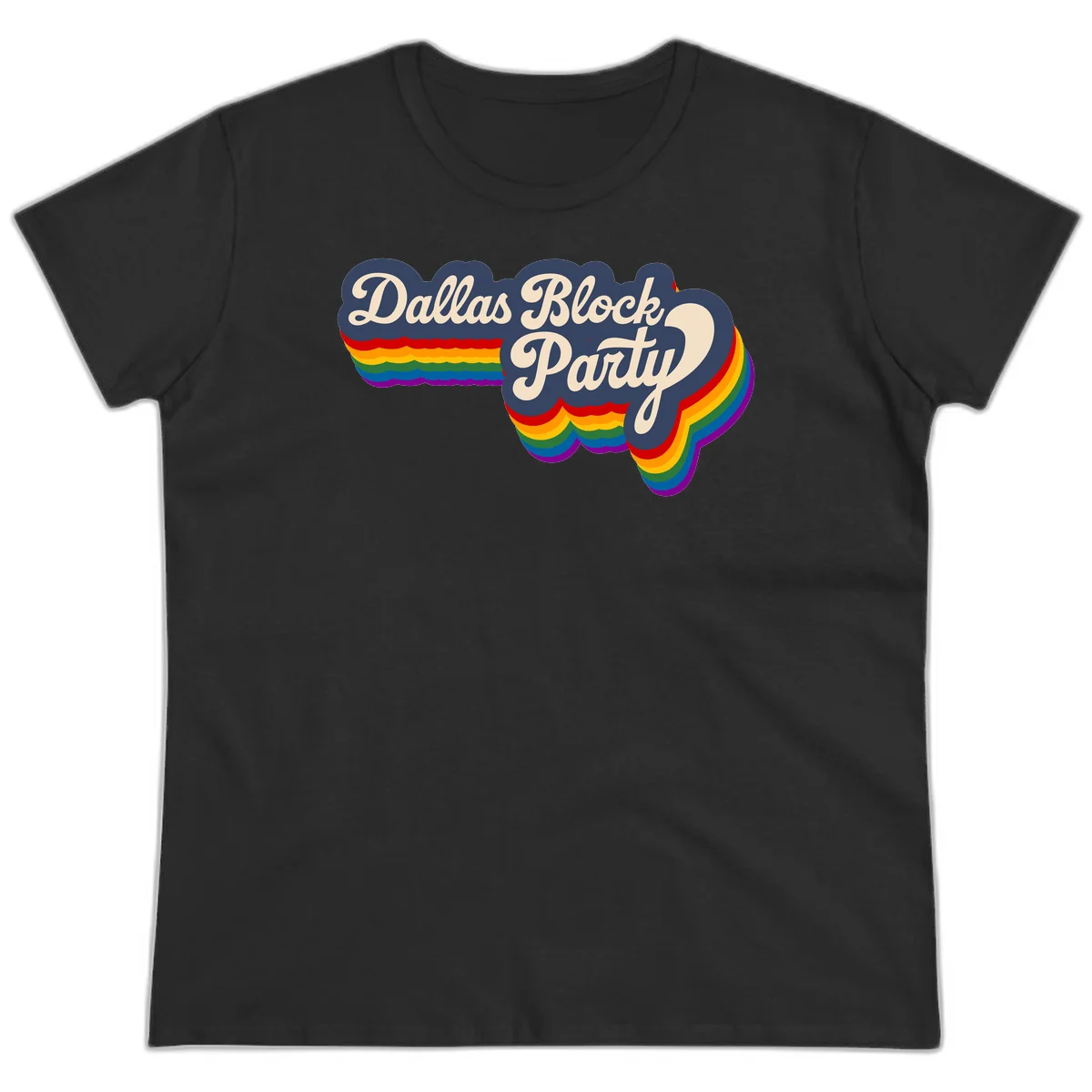 Dallas Block Party design featuring Texas state shape with rainbow pride stripes and vintage script text on navy background in Black
