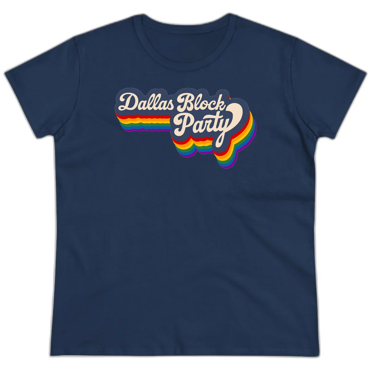 Dallas Block Party design featuring Texas state shape with rainbow pride stripes and vintage script text on navy background in Navy