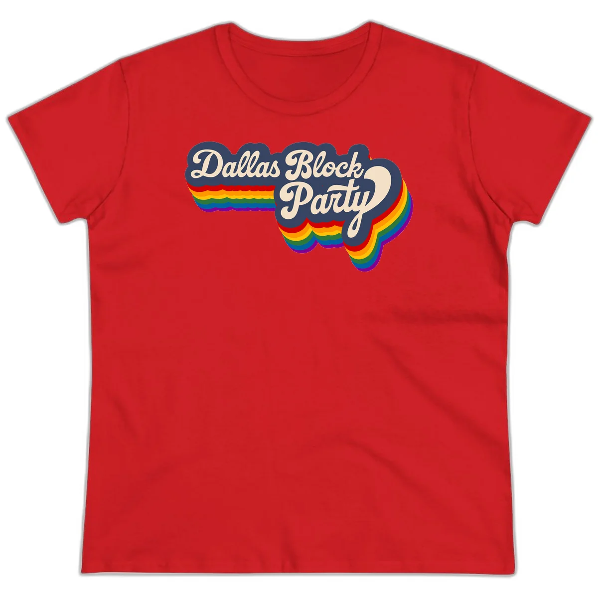 Dallas Block Party design featuring Texas state shape with rainbow pride stripes and vintage script text on navy background in Red