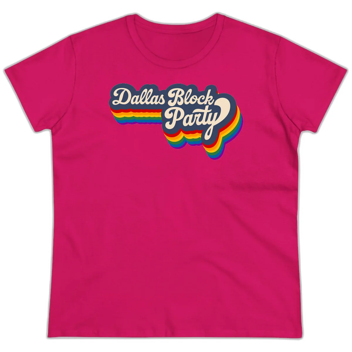 Dallas Block Party design featuring Texas state shape with rainbow pride stripes and vintage script text on navy background in Heliconia