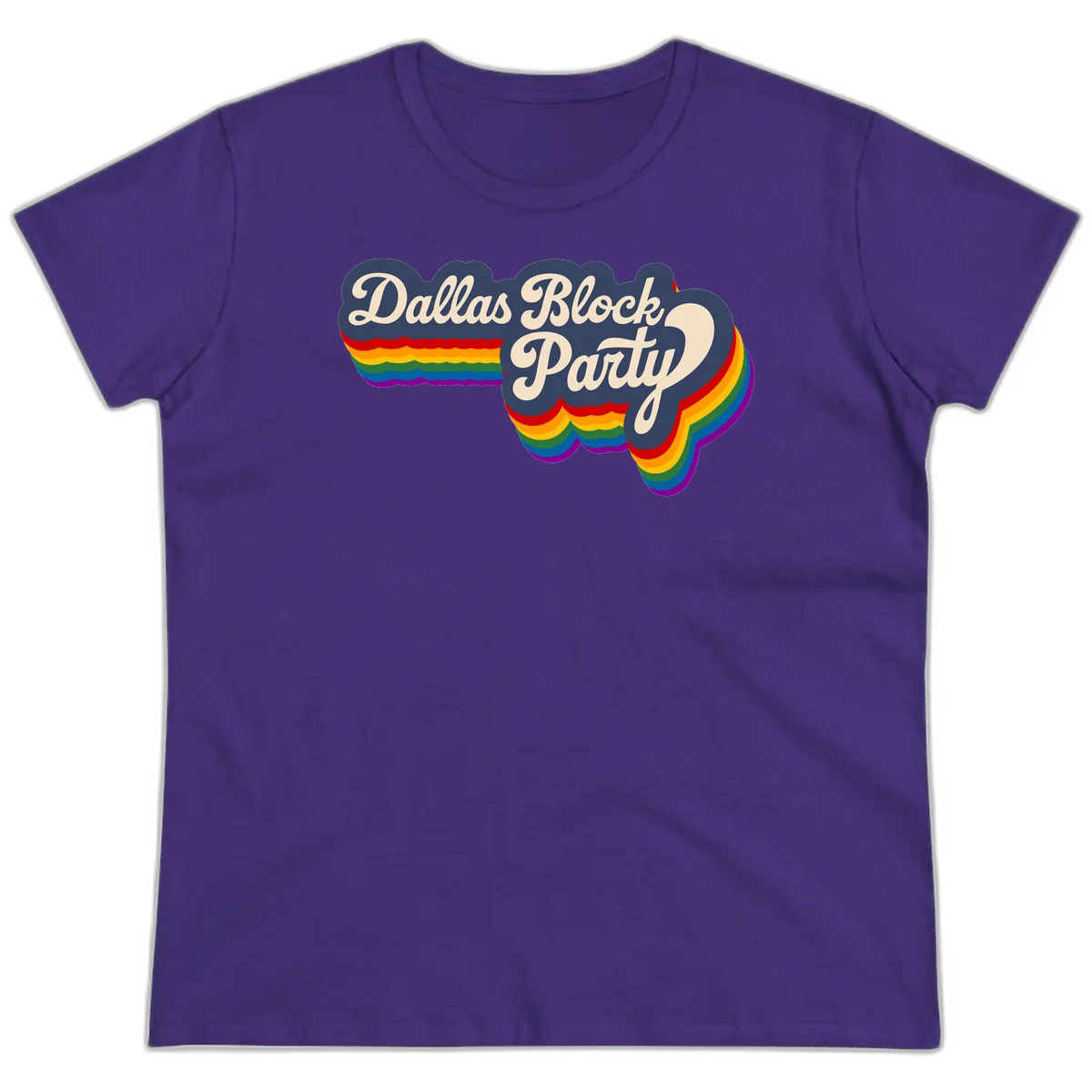 Dallas Block Party design featuring Texas state shape with rainbow pride stripes and vintage script text on navy background in Purple