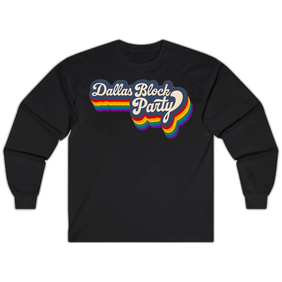 Dallas Block Party design featuring Texas state shape with rainbow pride stripes and vintage script text on navy background in Black