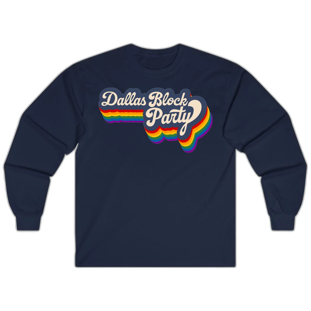 Dallas Block Party design featuring Texas state shape with rainbow pride stripes and vintage script text on navy background in Navy