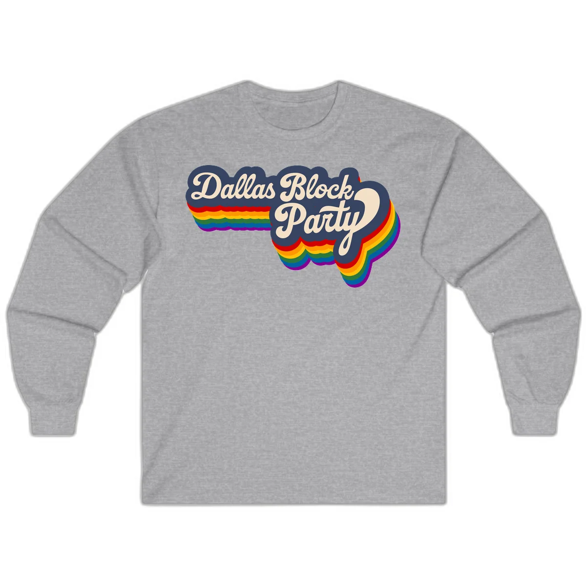 Dallas Block Party design featuring Texas state shape with rainbow pride stripes and vintage script text on navy background in Sport Grey