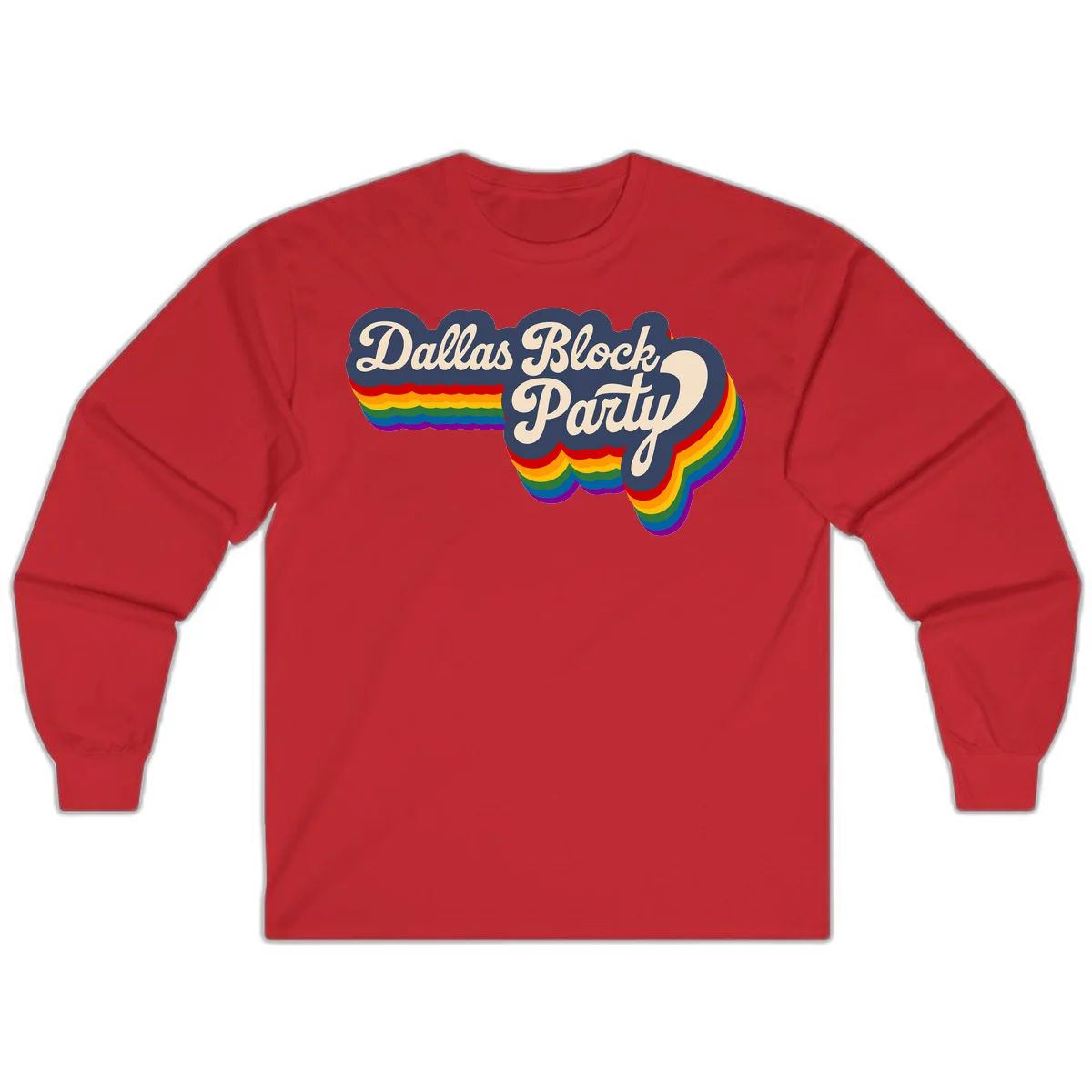 Dallas Block Party design featuring Texas state shape with rainbow pride stripes and vintage script text on navy background in Red