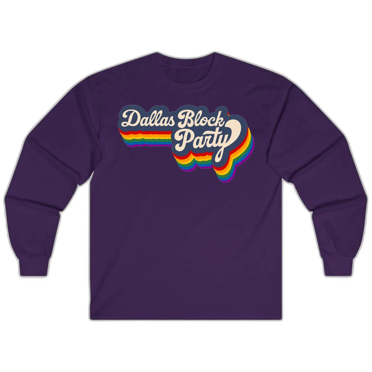 Dallas Block Party design featuring Texas state shape with rainbow pride stripes and vintage script text on navy background in Purple