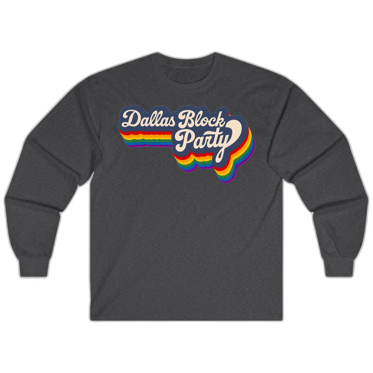 Dallas Block Party design featuring Texas state shape with rainbow pride stripes and vintage script text on navy background in Dark Heather