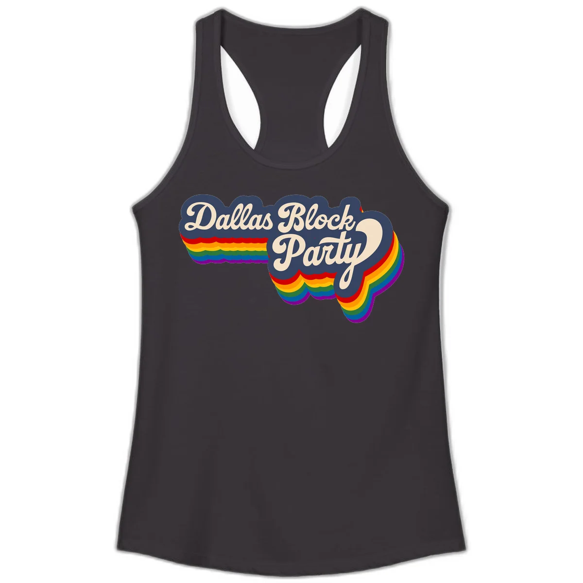 Dallas Block Party design featuring Texas state shape with rainbow pride stripes and vintage script text on navy background in Black
