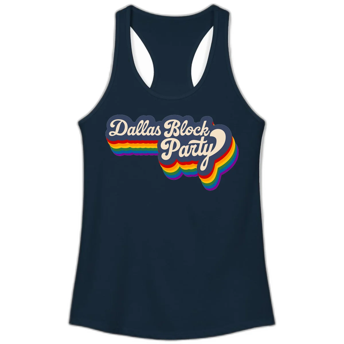 Dallas Block Party design featuring Texas state shape with rainbow pride stripes and vintage script text on navy background in Solid Midnight Navy