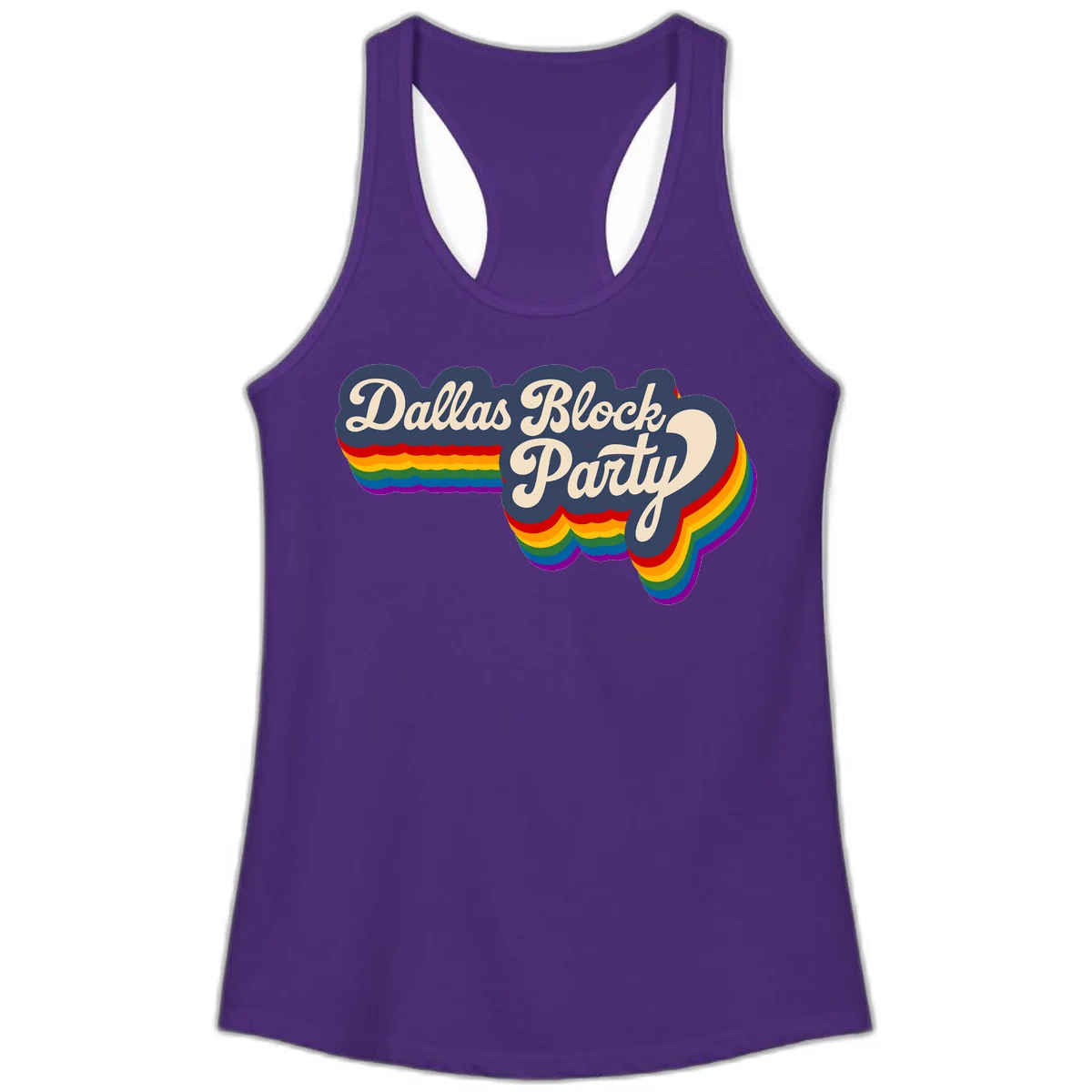 Dallas Block Party design featuring Texas state shape with rainbow pride stripes and vintage script text on navy background in Solid Purple Rush