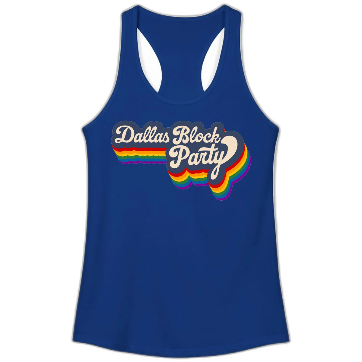 Dallas Block Party design featuring Texas state shape with rainbow pride stripes and vintage script text on navy background in Solid Royal