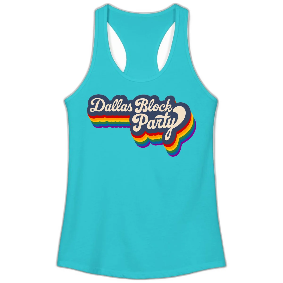 Dallas Block Party design featuring Texas state shape with rainbow pride stripes and vintage script text on navy background in Solid Tahiti Blue