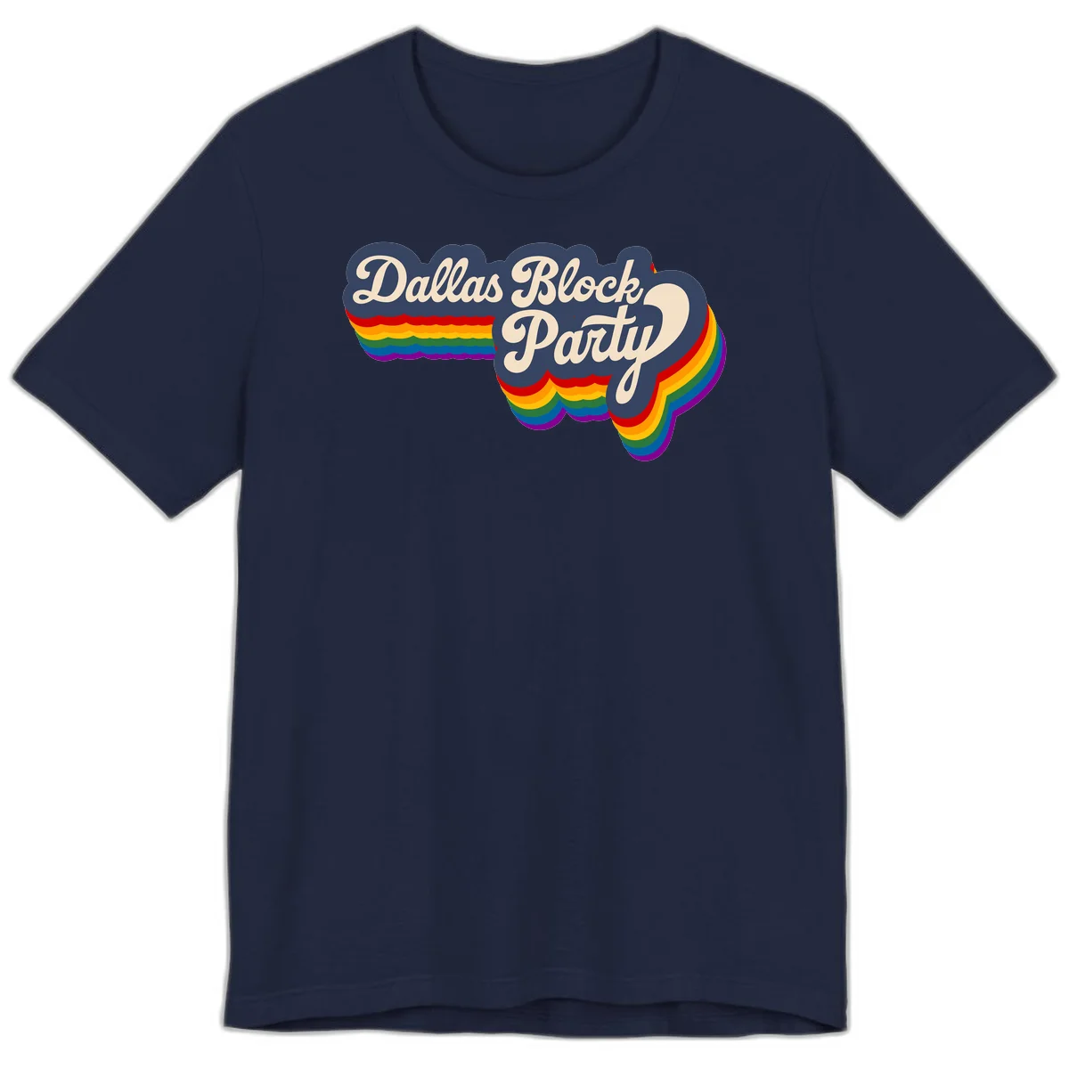 Dallas Block Party design featuring Texas state shape with rainbow pride stripes and vintage script text on navy background in Navy