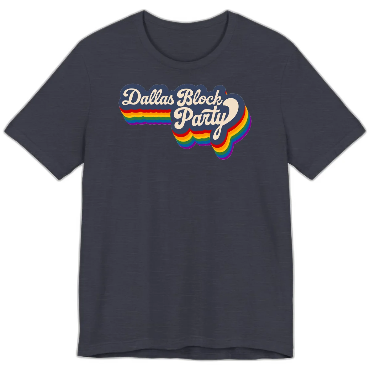 Dallas Block Party design featuring Texas state shape with rainbow pride stripes and vintage script text on navy background in Heather Midnight Navy