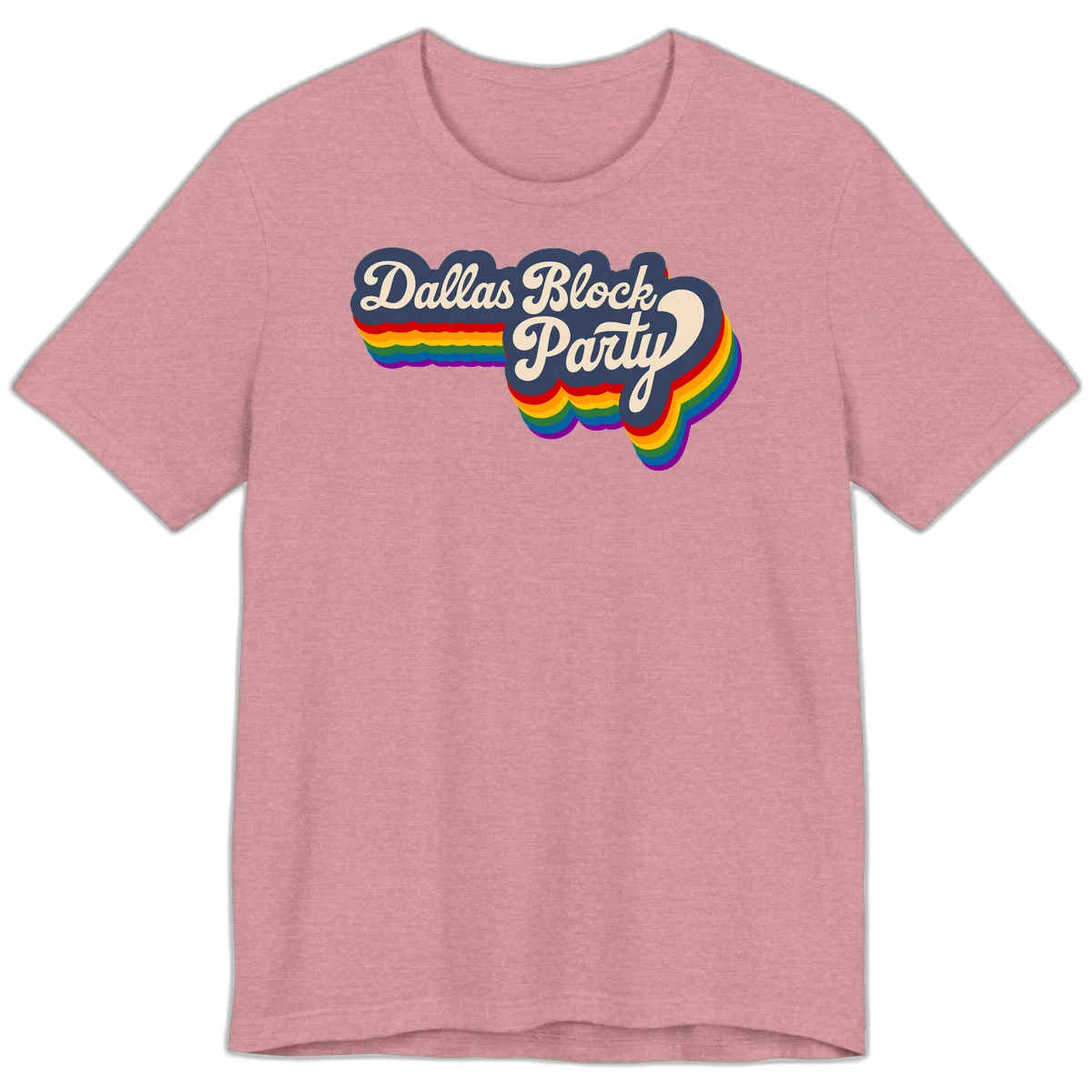 Dallas Block Party design featuring Texas state shape with rainbow pride stripes and vintage script text on navy background in Heather Orchid