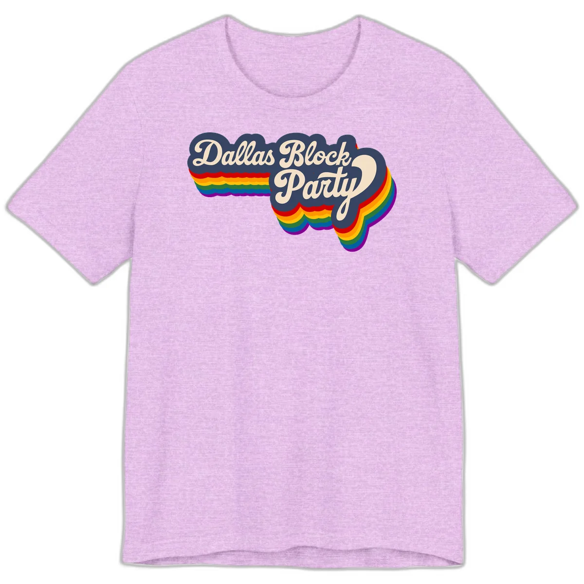 Dallas Block Party design featuring Texas state shape with rainbow pride stripes and vintage script text on navy background in Heather Prism Lilac