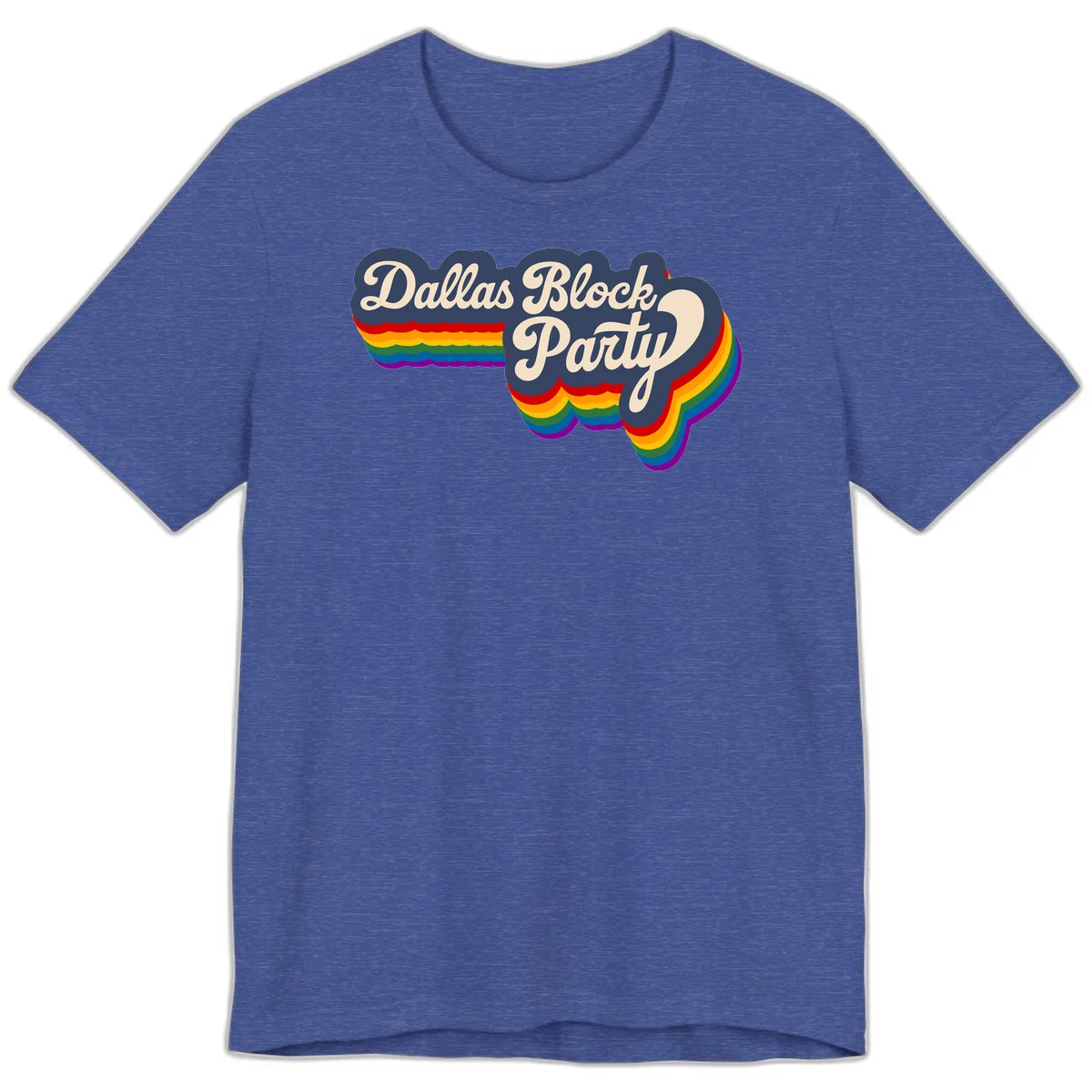 Dallas Block Party design featuring Texas state shape with rainbow pride stripes and vintage script text on navy background in Heather True Royal