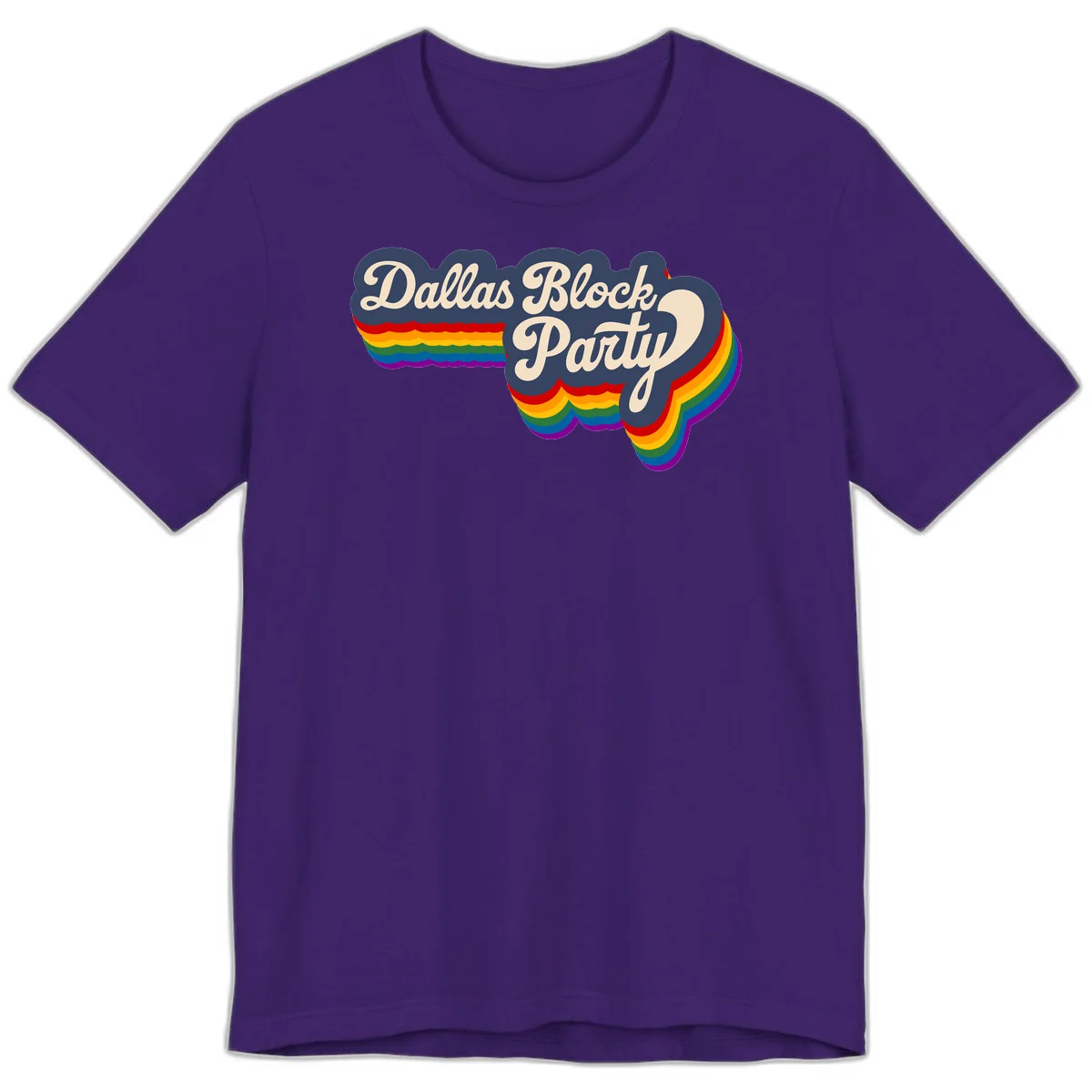 Dallas Block Party design featuring Texas state shape with rainbow pride stripes and vintage script text on navy background in Team Purple