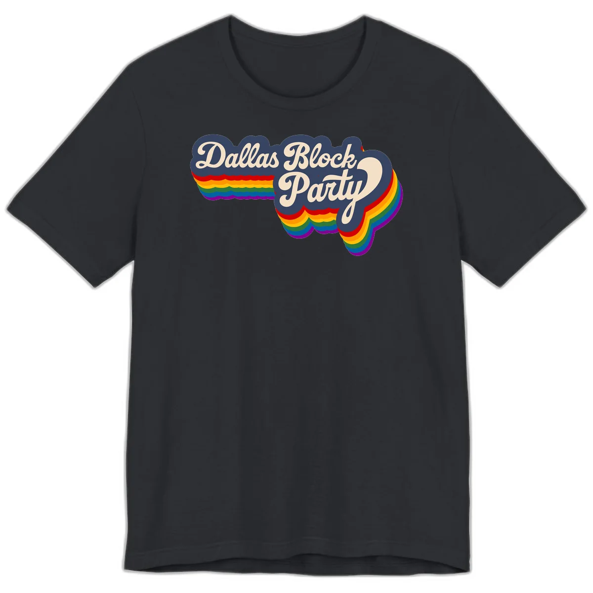 Dallas Block Party design featuring Texas state shape with rainbow pride stripes and vintage script text on navy background in Vintage Black