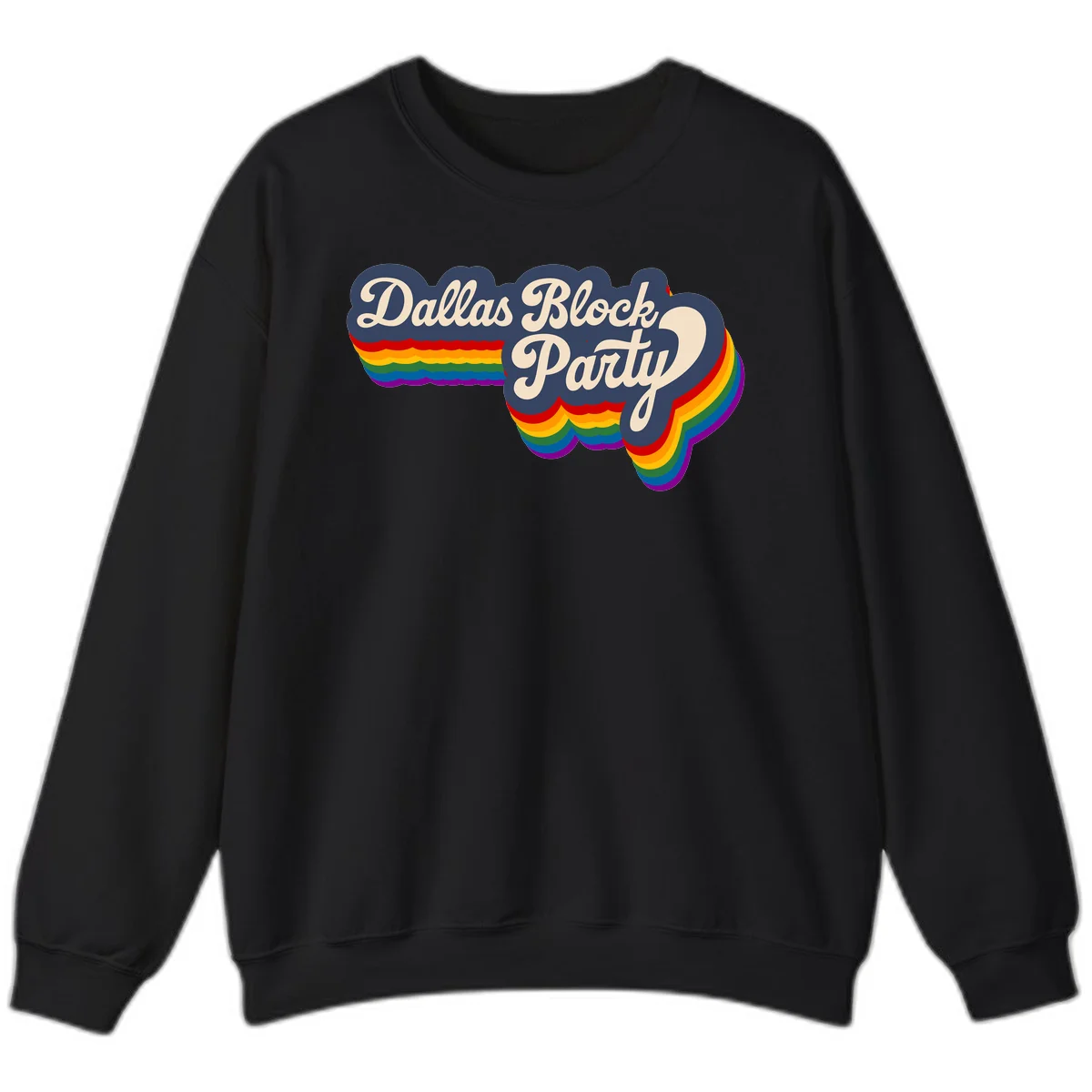 Dallas Block Party design featuring Texas state shape with rainbow pride stripes and vintage script text on navy background in Black