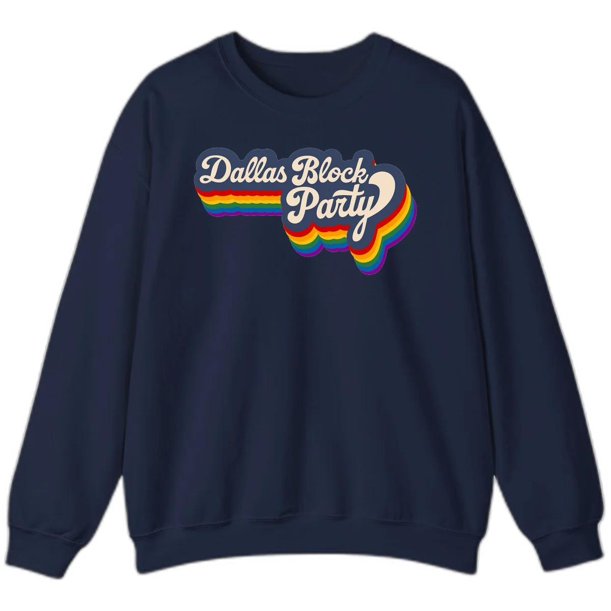 Dallas Block Party design featuring Texas state shape with rainbow pride stripes and vintage script text on navy background in Navy