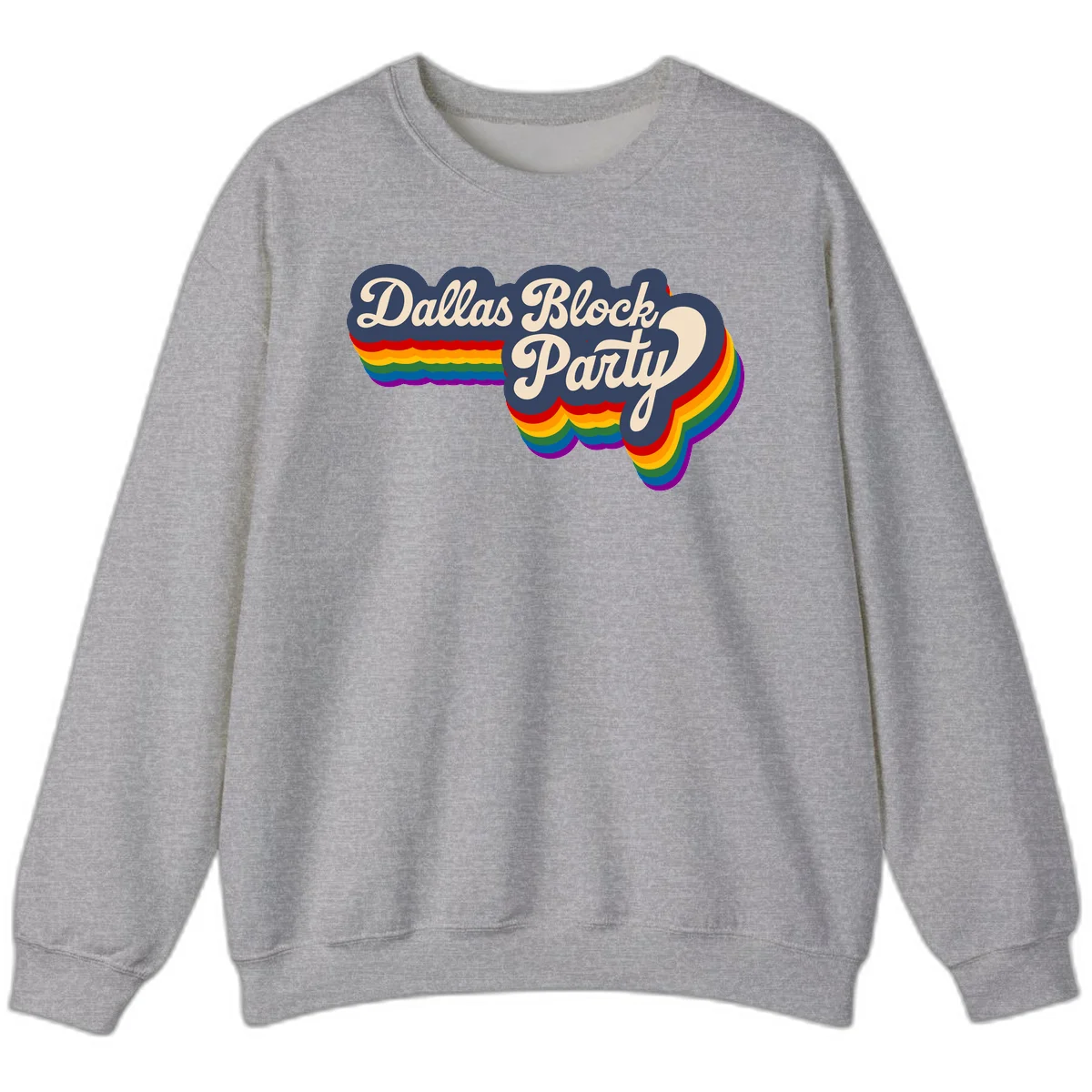 Dallas Block Party design featuring Texas state shape with rainbow pride stripes and vintage script text on navy background in Sport Grey