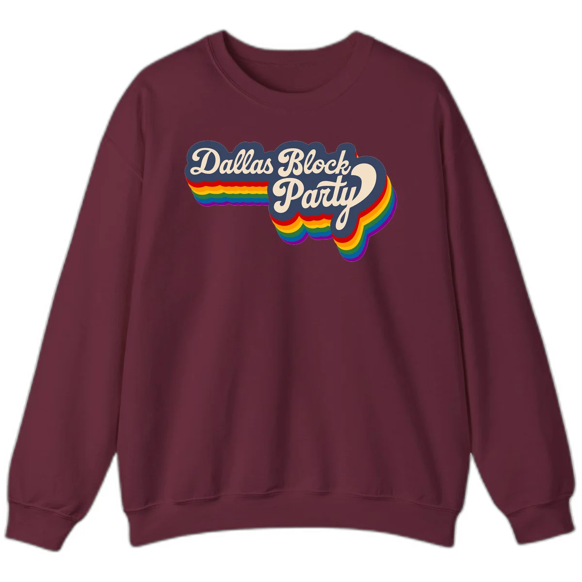 Dallas Block Party design featuring Texas state shape with rainbow pride stripes and vintage script text on navy background in Maroon