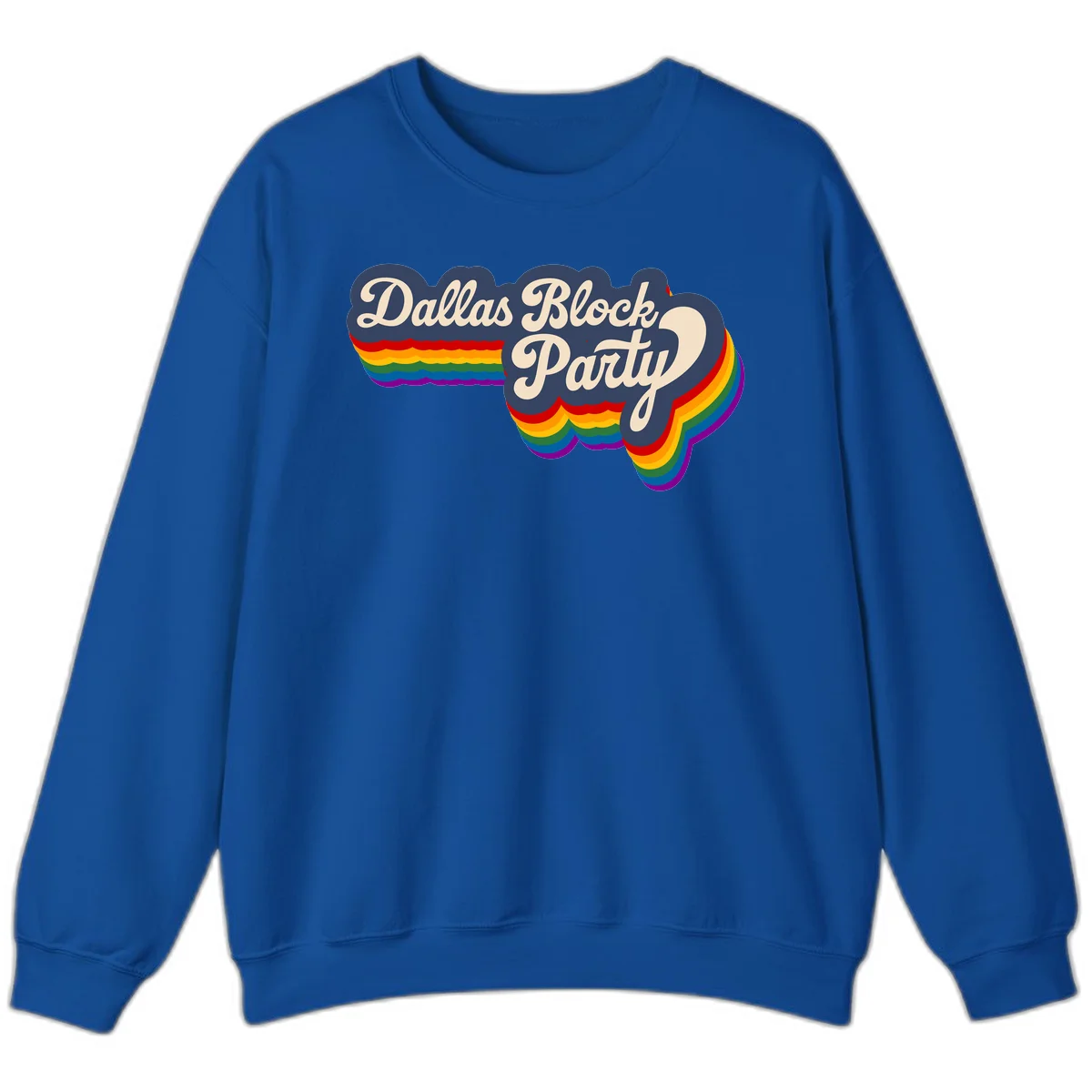 Dallas Block Party design featuring Texas state shape with rainbow pride stripes and vintage script text on navy background in Royal