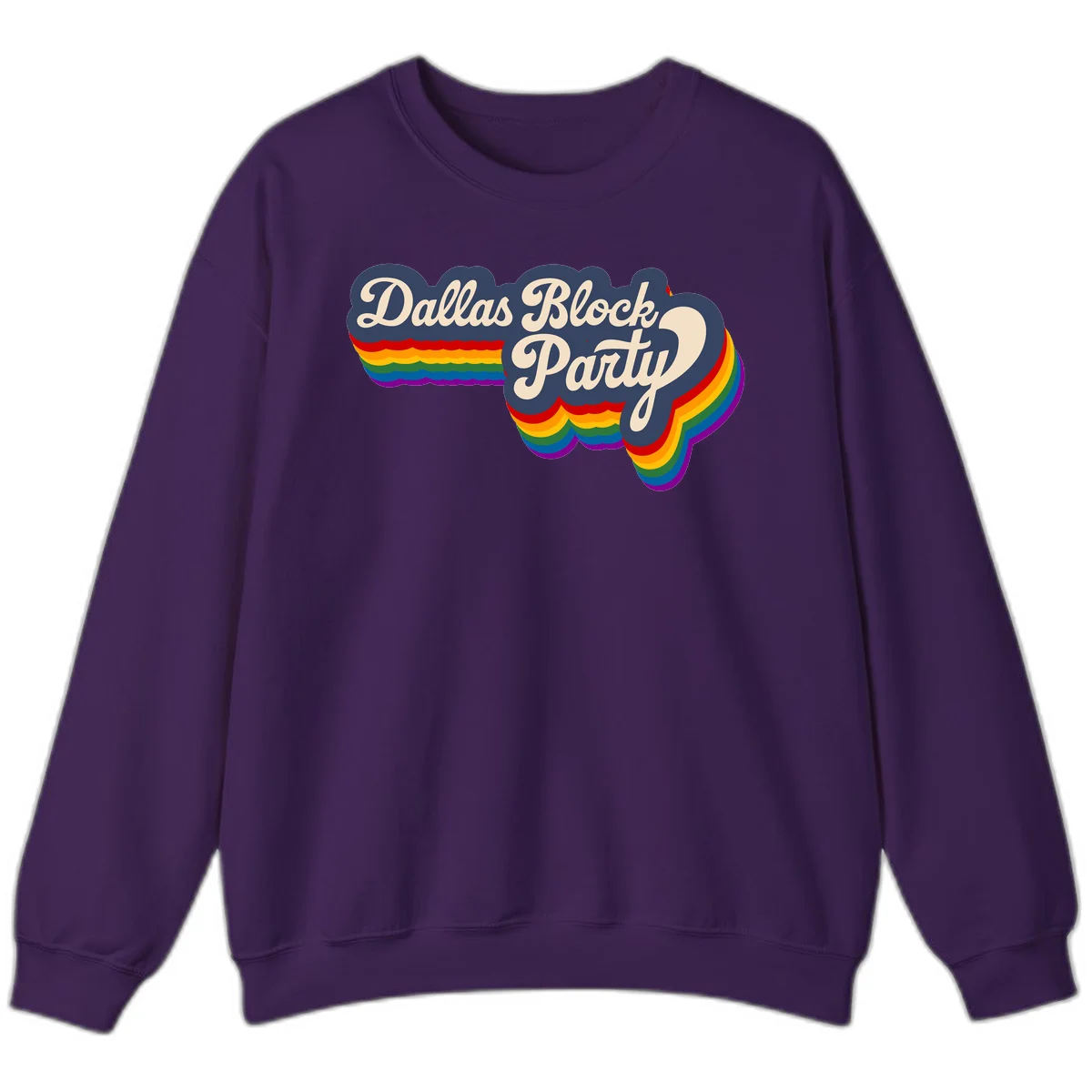 Dallas Block Party design featuring Texas state shape with rainbow pride stripes and vintage script text on navy background in Purple