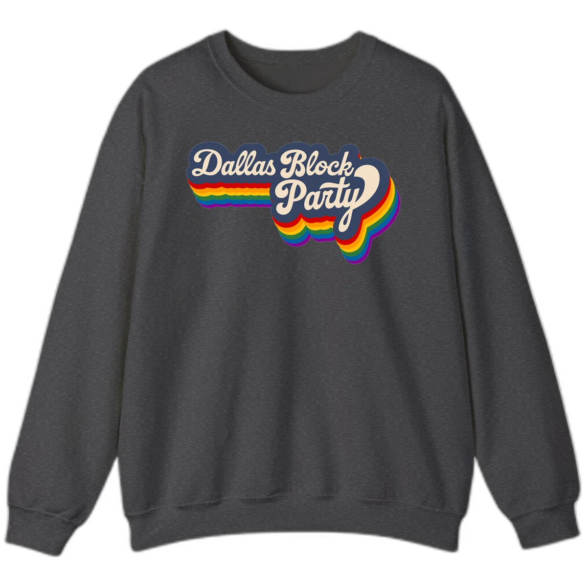 Dallas Block Party design featuring Texas state shape with rainbow pride stripes and vintage script text on navy background in Dark Heather