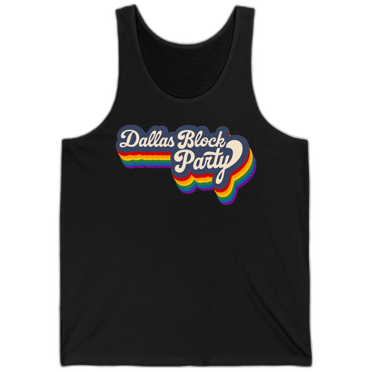 Dallas Block Party design featuring Texas state shape with rainbow pride stripes and vintage script text on navy background in Black